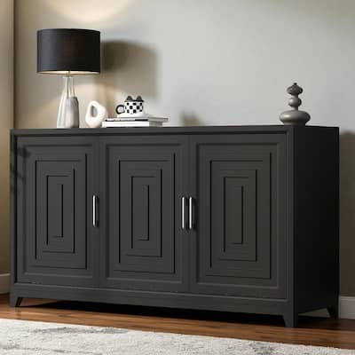 Modern 59" TV Stand for TVs up to 65", Entertainment Center with 2 Cabinets, Adjustable Shelves, Solid Wood Legs