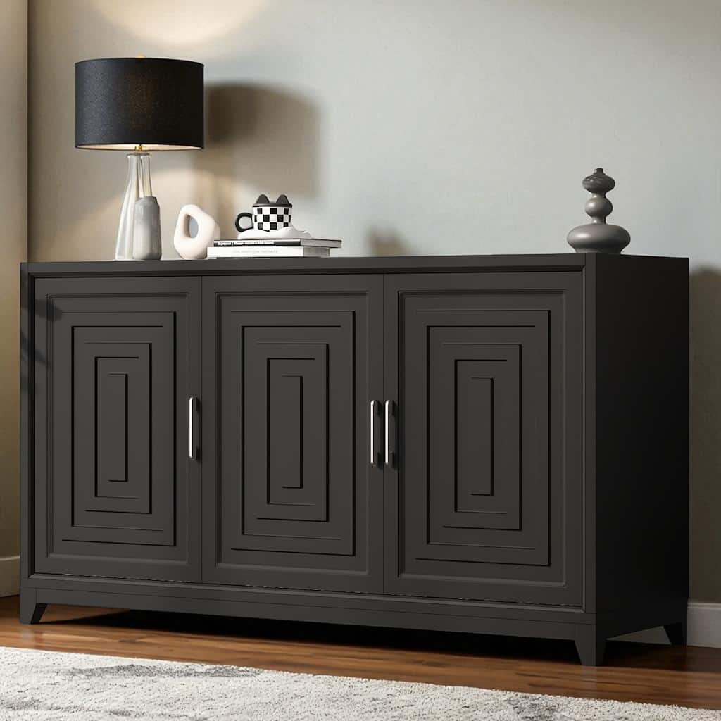 Modern 59" TV Stand for TVs up to 65", Entertainment Center with 2 Cabinets, Adjustable Shelves, Solid Wood Legs