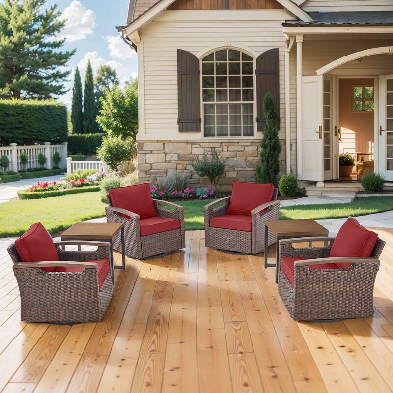 Pocassy Outdoor Patio Sofa Chair Ottoman Table Furniture Set - Red Cushion - Swivel Chairs with Side Table Set