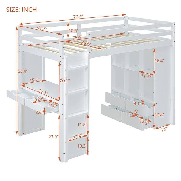 Eye-catching Design Twin Size Loft Bed with large shelves, Desk and LED Light, Maximum storage space, Versatility galore, White