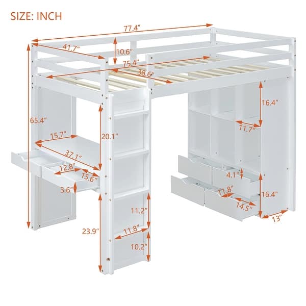 Multi-Function Twin Loft Bed with Storage Shelves and Drawers, Wood Loft Bed Frame with Built-in Writing Desk