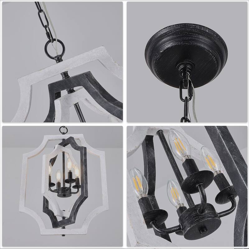 CurveCurio 18" Boho Adjustable Three-Tier Solid Wood Shade Pendant Light w 4 Lights, Austable Hanging Chain Chandelier