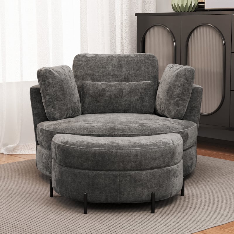 Modern Chenille 360° Swivel Accent Barrel Chair and Storage Ottoman
