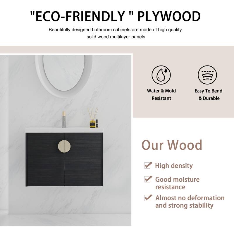 Wall Mounted Bathroom Vanity with Ceramic Basin, 27.8" x 18.5", Black Chestnut Finish, 2 Doors - 27.8in L Plywood