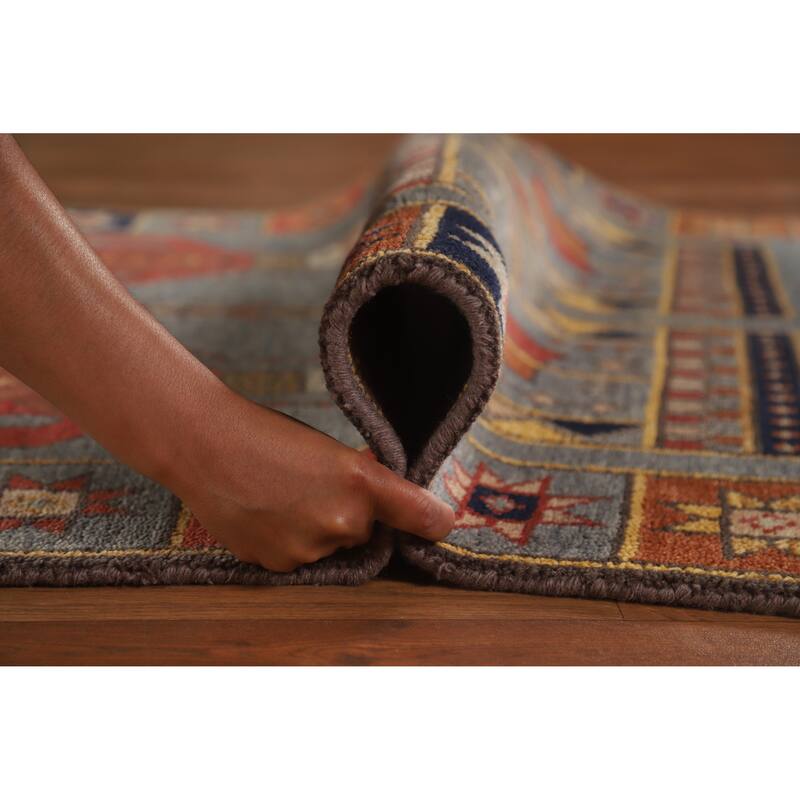 Hand Knotted Oriental 100% Wool Carpet Traditional Tribal Greys & Charcoal Heriz (serapi) Runner Rug - 9' 10'' X 4' 0''