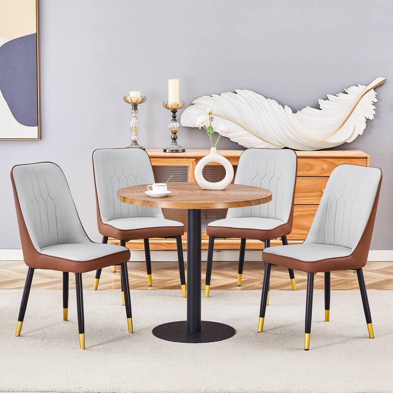 Minimalist Round Dining Set with Spliced Brown Upholstered Chairs