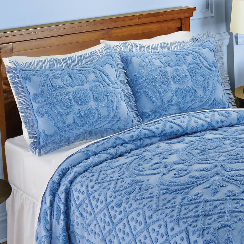Diana Textured Design Fringe Border Chenille Pillow Sham - Blue