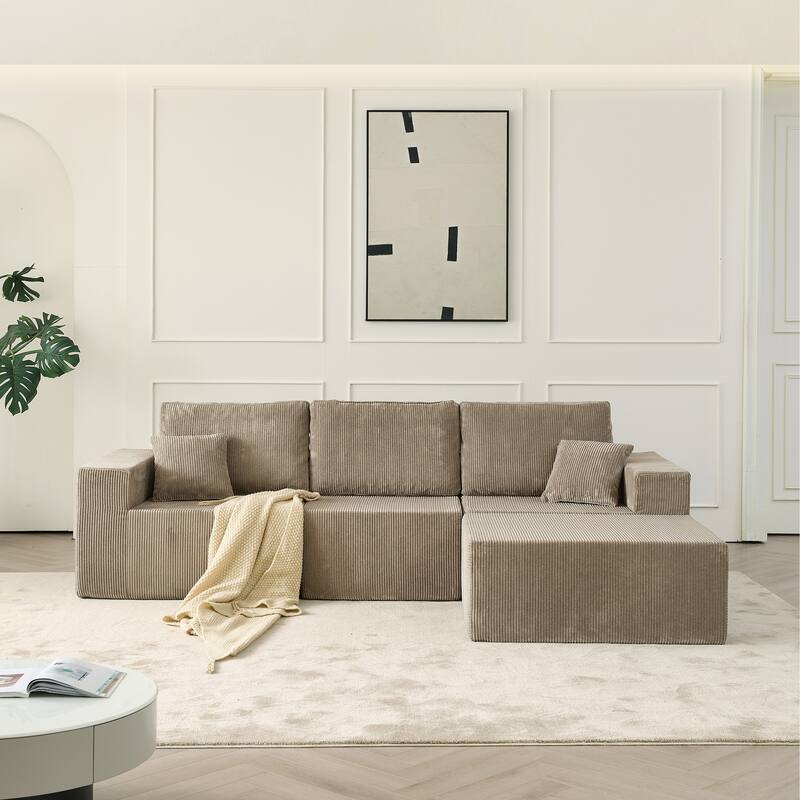 Modular L Shaped Sectional Sofa with Ottoman, Corduroy Boneless Cloud Sofa, 3 Seater Upholstered Sofa with 2 Pillows - Grey