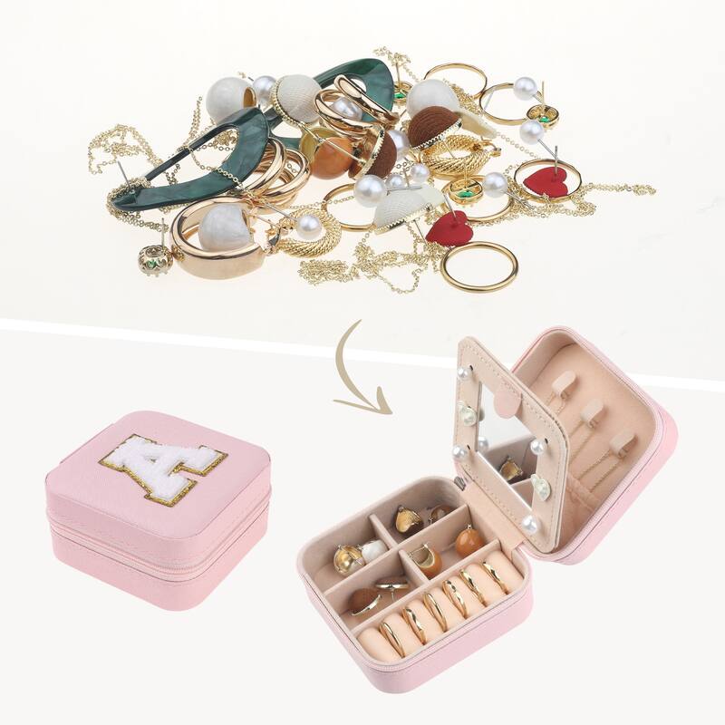 Travel Jewelry Box with Mirror for Women Girls Gifts, Mini Portable PU Leather Jewelry Organizer Case Storage Display Holder - A