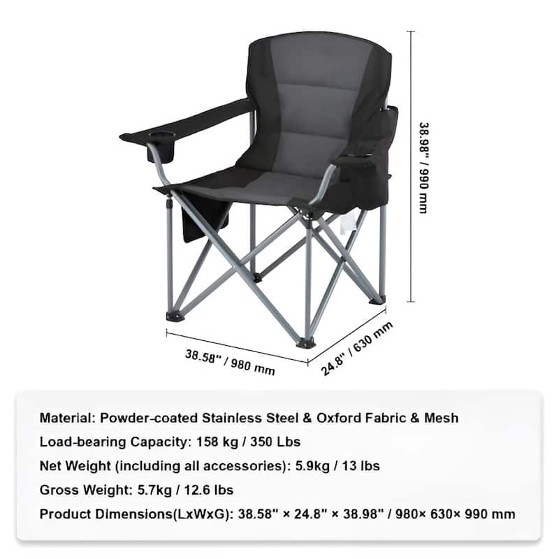 Black Steel Oxford Camping Folding Chair 350lb Foldable Seat with Storage Bags - 24.8" L x 38.58" W x 38.98" H