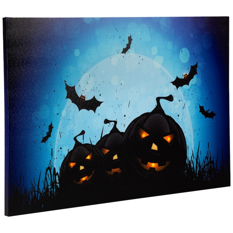 LED Lighted Jack-O-Lanterns Bats Halloween Canvas Wall Art 23.5 x 15.5