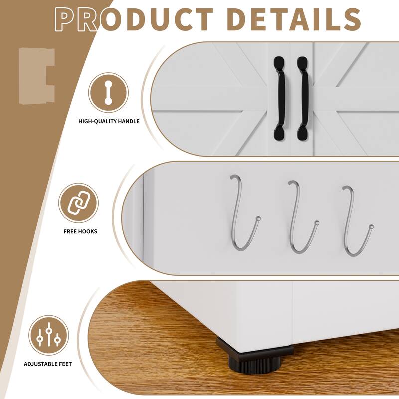 71" White Steel Kitchen Pantry with Large Countertop, Adjustable Shelves, Drawers & Hooks