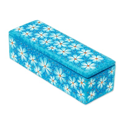 Novica Handmade Sky Blue Flowers Decorative Wood Box