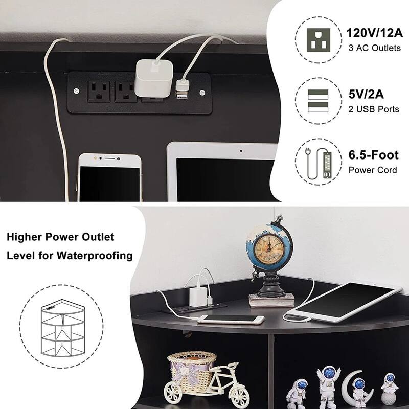 VECELO 4-Tier Adjustable Corner Bookshelf with Charging Station 3 AC Outlets & 2 USB Ports Waterproof Eco-Friendly Design