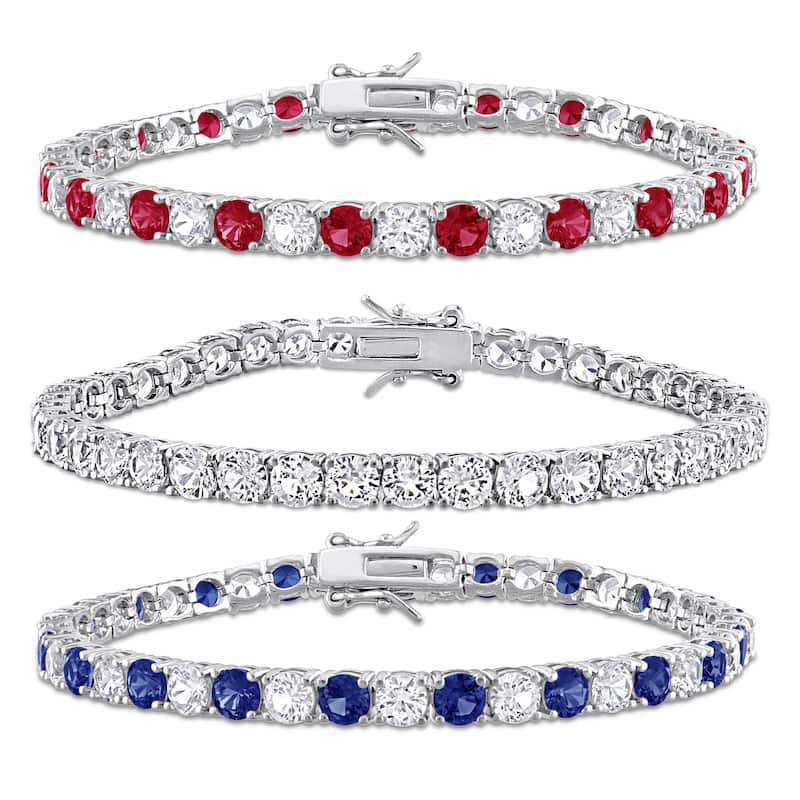 Miadora 43ct TGW Created Ruby Created Blue and White Sapphire Tennis Bracelet 3-Piece Set-7.25 in