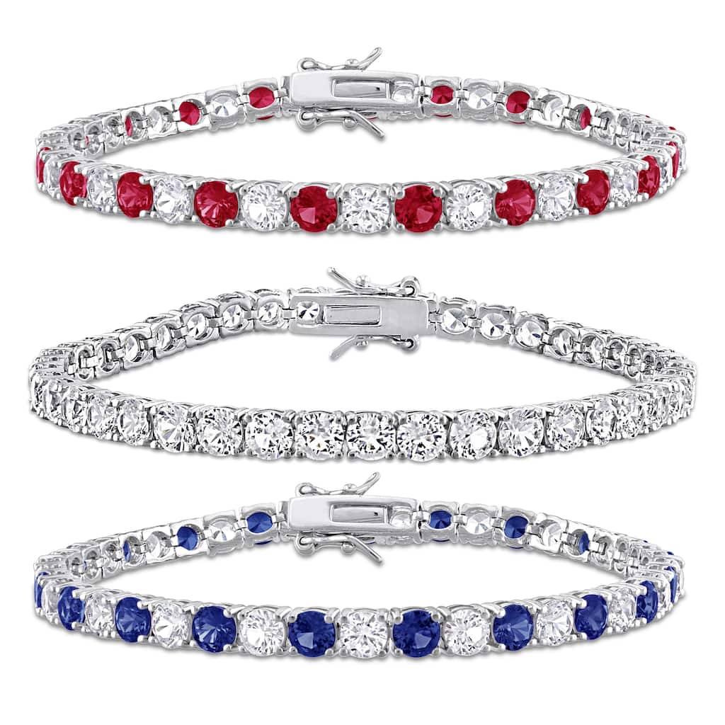 Miadora 43ct TGW Created Ruby Created Blue and White Sapphire Tennis Bracelet 3-Piece Set-7.25 in