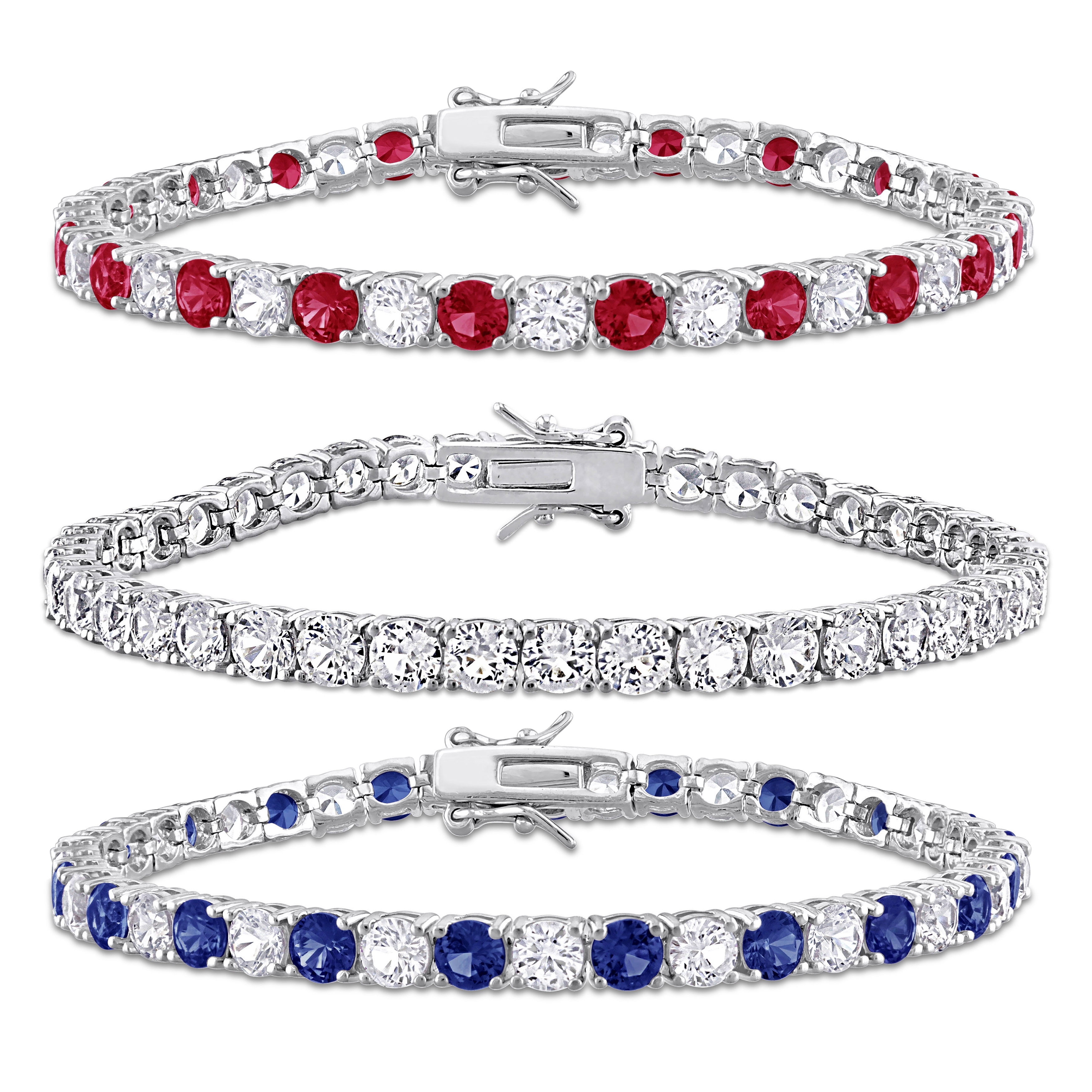 Miadora 43ct TGW Created Ruby Created Blue and White Sapphire Tennis Bracelet 3-Piece Set-7.25 in