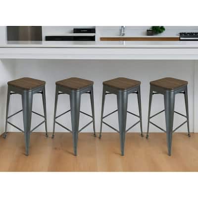 HomeRoots Set of Four 26" Brown and Gunmetal Solid Wood and Metal Backless Counter Height Bar Chairs