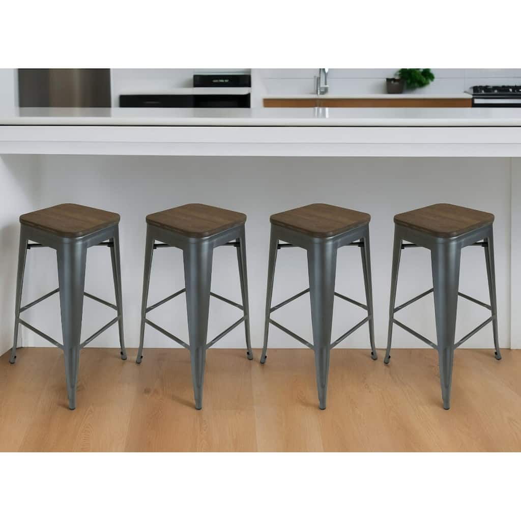 HomeRoots Set of Four 30" Brown and Gunmetal Solid Wood and Metal Backless Bar Height Bar Chairs