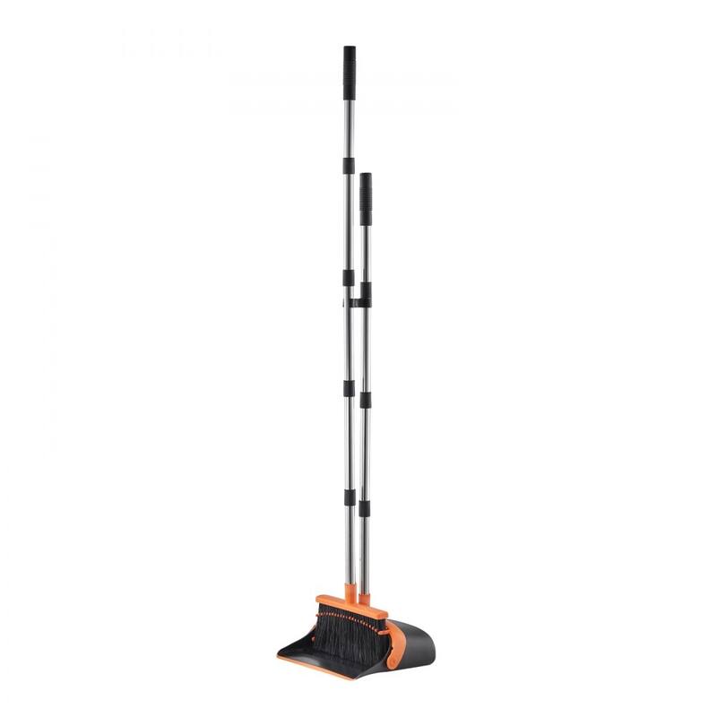 Black and Orange Stainless Steel Broom and Dustpan Set with Self-Cleaning Teeth and Adjustable Handles