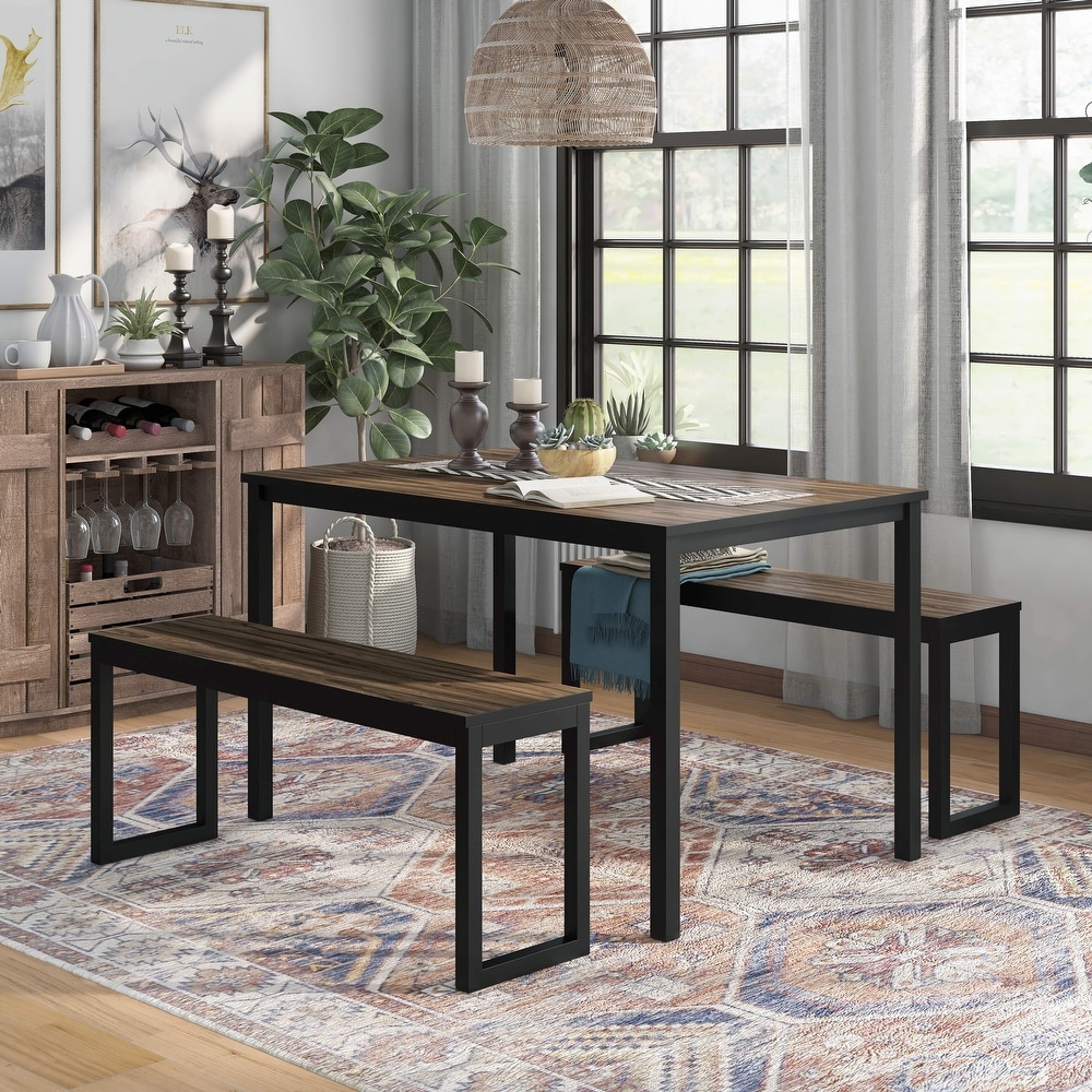 Fitueyes 3 piece dining table set on sale with 2 benches