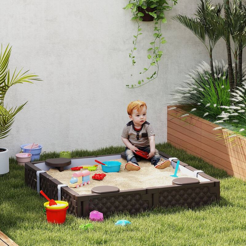 Dark Brown HDPE Kids Sandbox with Four Seats Large Outdoor Play Sandpit Waterproof Cover - 46.9" L x 46.9" W x 8.7" H