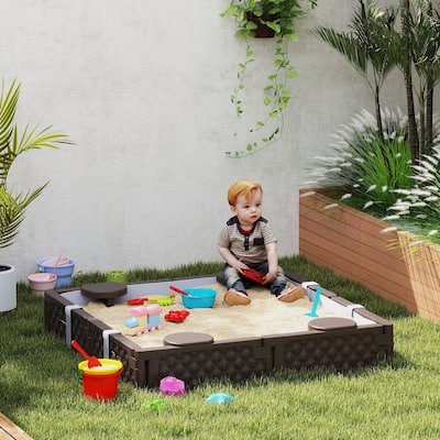 Dark Brown HDPE Kids Sandbox with Four Seats Large Outdoor Play Sandpit Waterproof Cover - 46.9" L x 46.9" W x 8.7" H