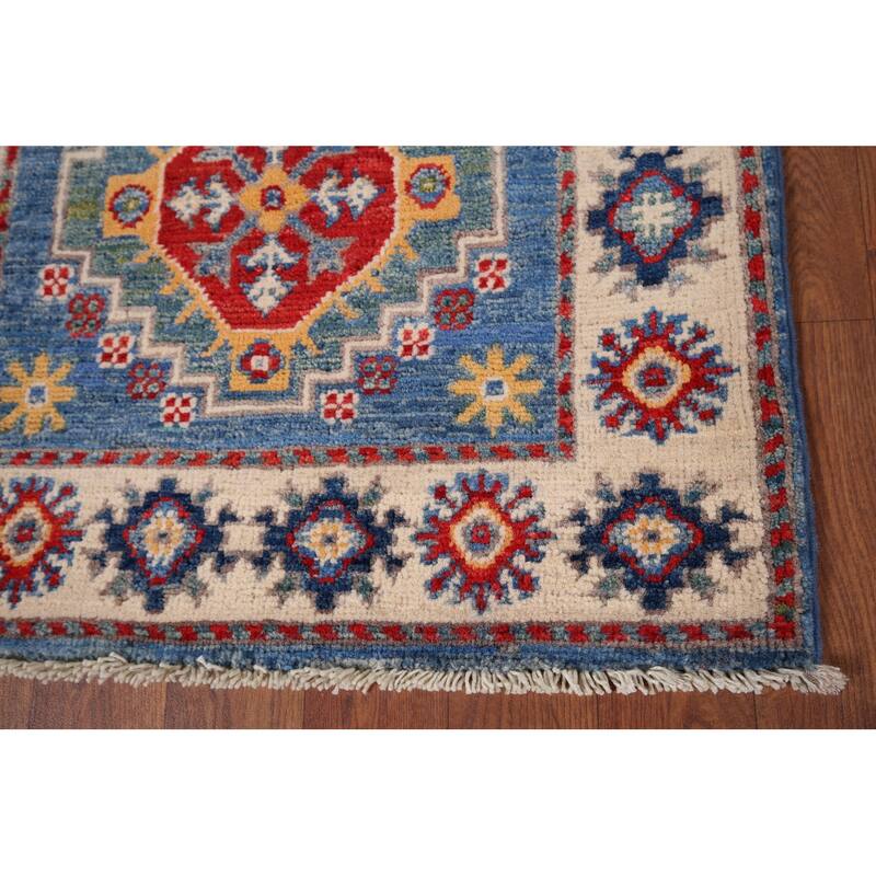 Blue Geometric Kazak Accent Rug Handmade Wool Carpet - 2'0" x 3'2"