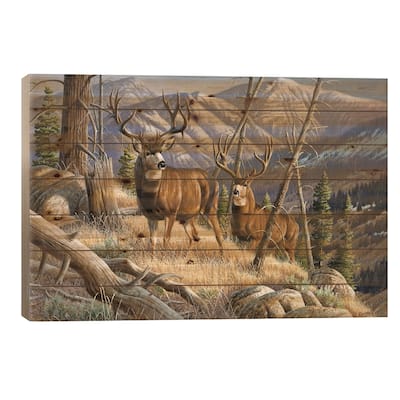 Two Mule Deer Bucks Print On Wood by Cynthie Fisher - Multi-Color