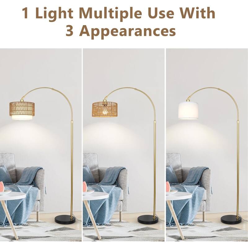 Arc Floor Lamp,Rattan & Linen Shades,Adjustable Height Floor Lamp with Remote & Dimming Bulb,Standing Lamp,3 Color Temperatures