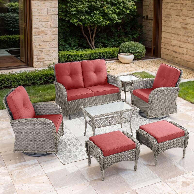 Gymojoy 7-Piece Outdoor Wicker Patio Furniture with Loveseat Glider, Rattan Coversation Set with Water Resistant Cushions