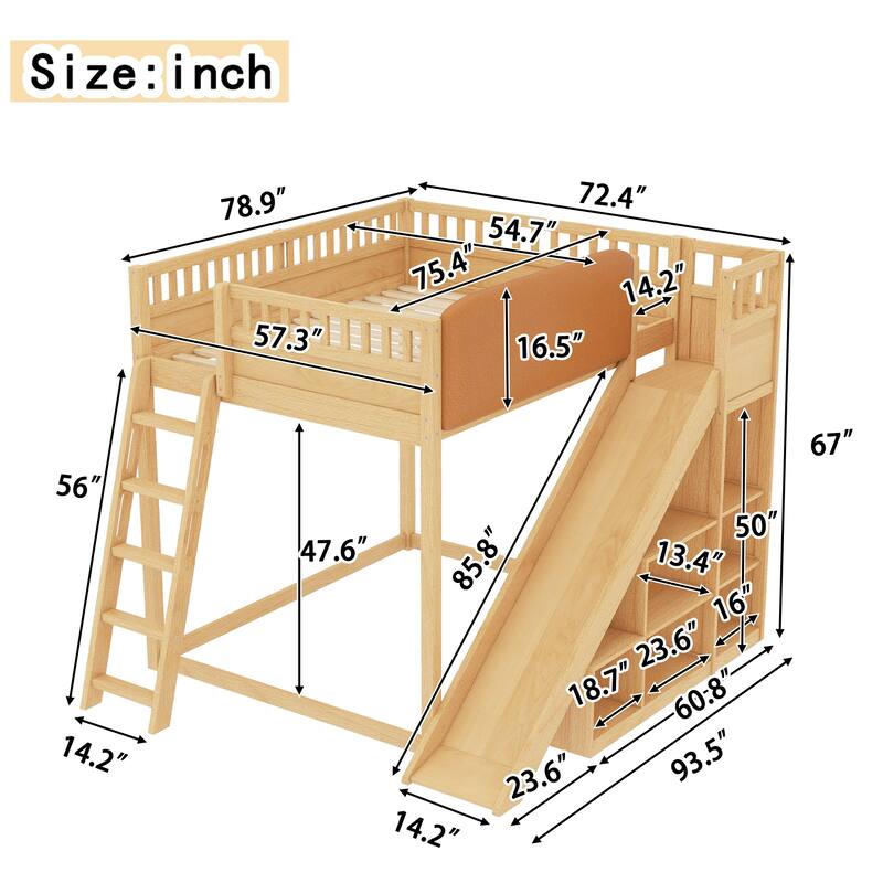 Roomfitters Loft Bed with Upholstered Headboard and Slide, Storage Shelves and Ladder