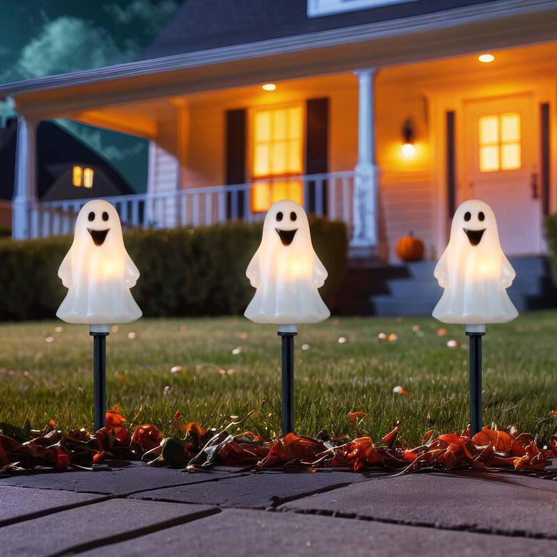 Lighted Ghost Shaped Halloween Pathway Markers - 3.75' - Black Wire - Set of 5