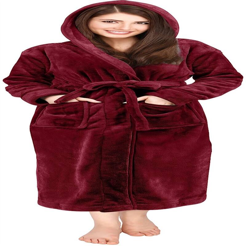 Women's Fleece Hooded Bathrobe Plush -  Burgundy