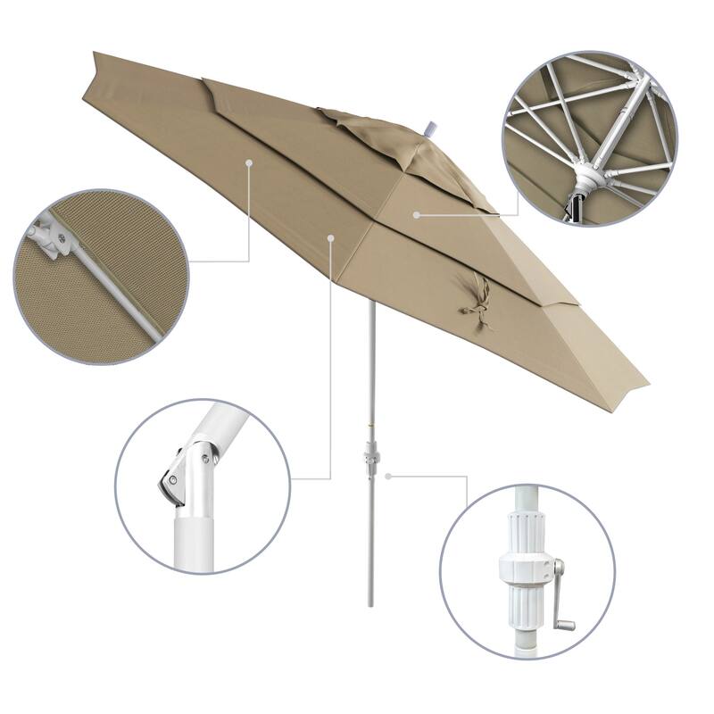 California Umbrella 11' Sun Master Patio Umbrella White Aluminum Pole Fiberglass Ribs Crank Lift Tilt, Olefin
