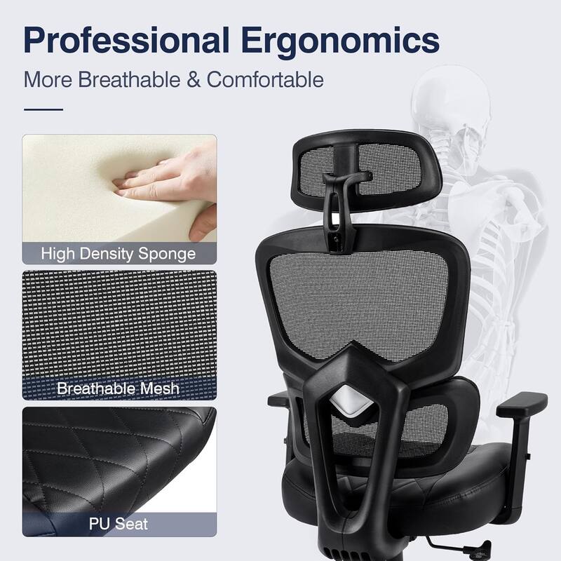 VECELO Executive Office Chair with PU Leather Seat Adjustable Height Mesh Backrest & 3D Lumbar Support 125° Reclining