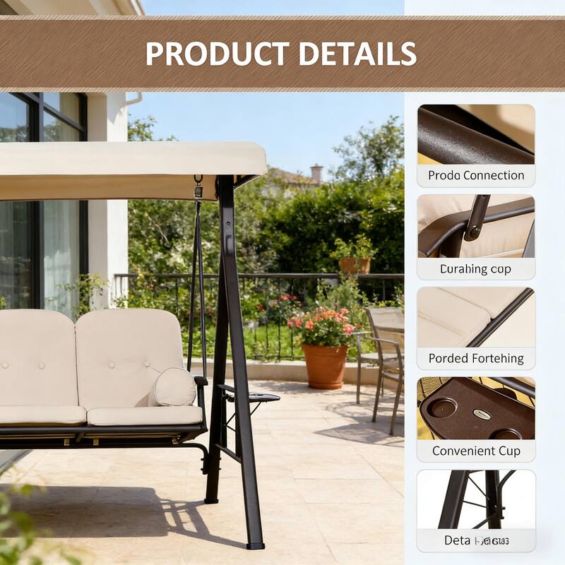 GDFStudio - 3-Seat Patio Swing Chair with Tiltable Canopy and Side Trays