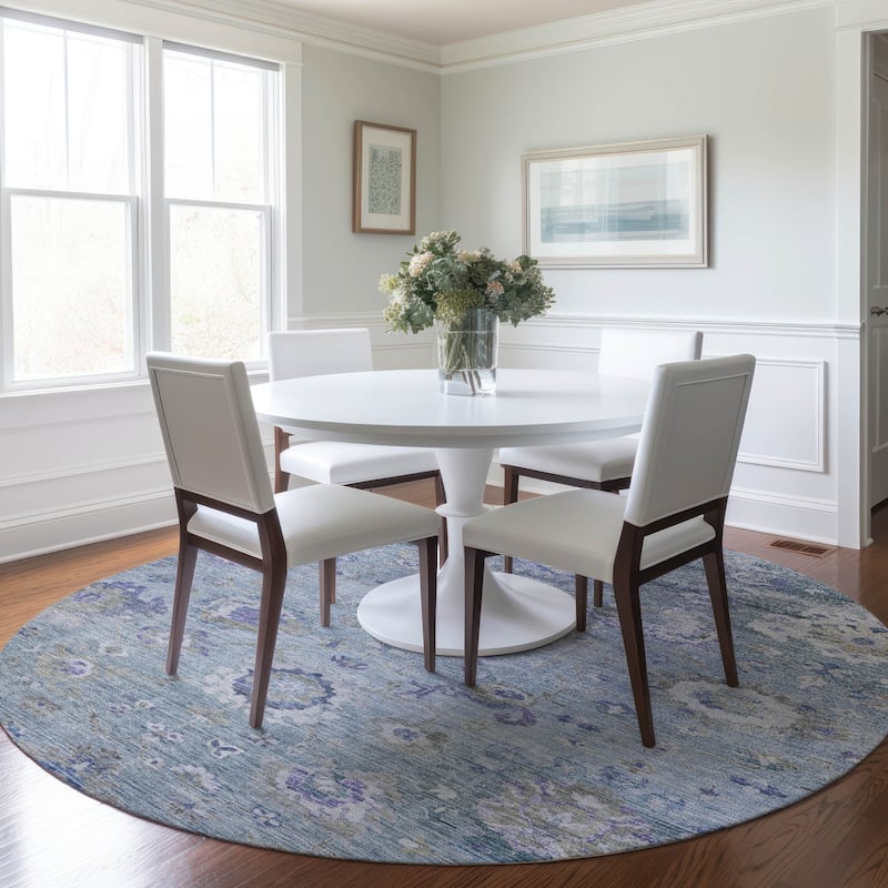 Machine Washable Indoor/ Outdoor Vintage Traditional Chantille Rug - Sky - 8' x 8'