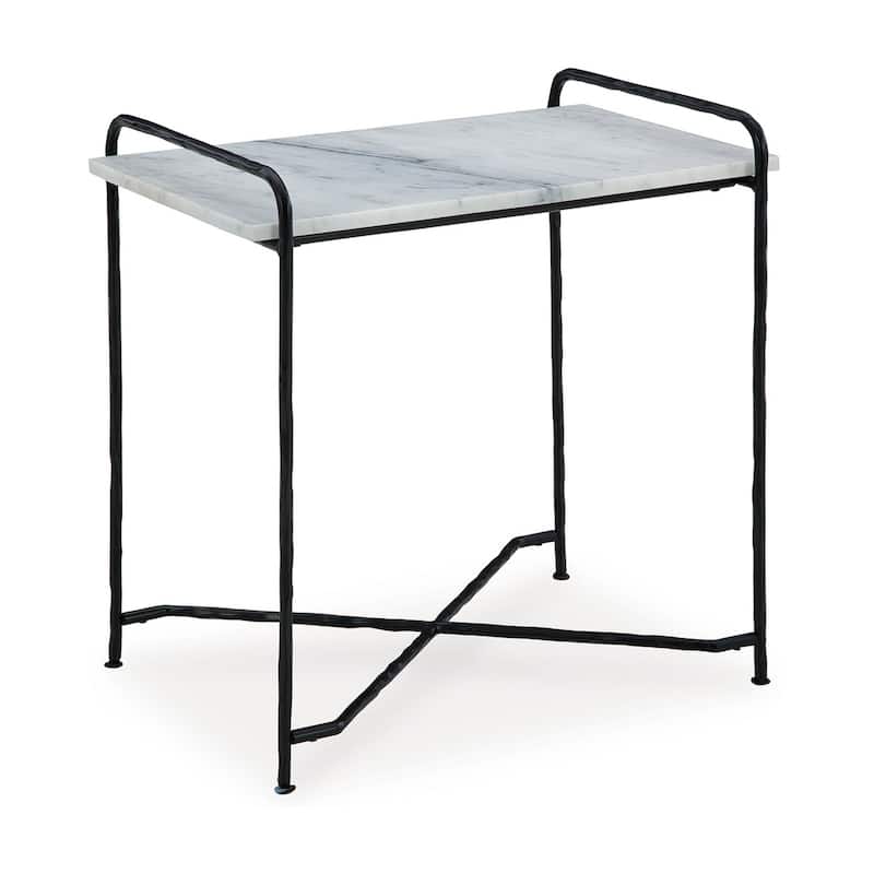 Accent Table, 22 Inch White Marble Top, Industrial Black Metal Legs