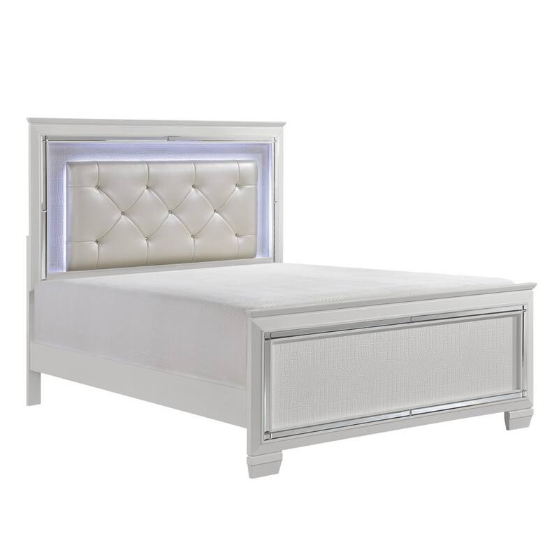 Noah Contemporary Queen Bed, LED Backlit Crystal Tufted Headboard, White