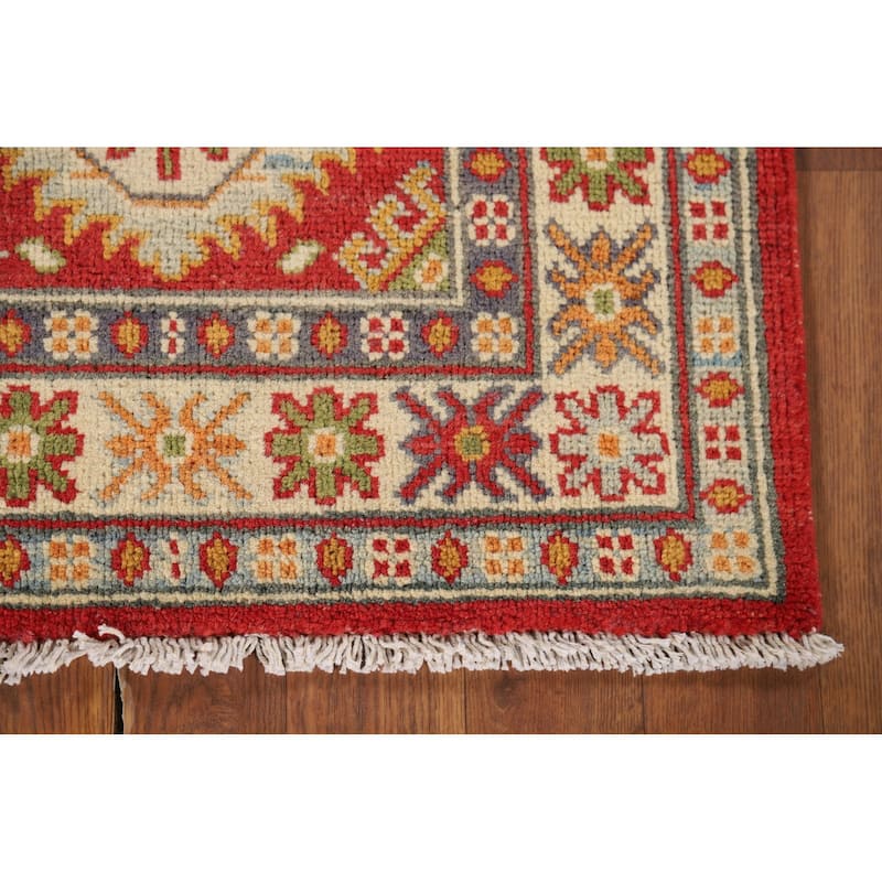 Geometric Kazak Oriental Foyer Rug Handmade Red Wool Carpet - 2'0" x 2'11"