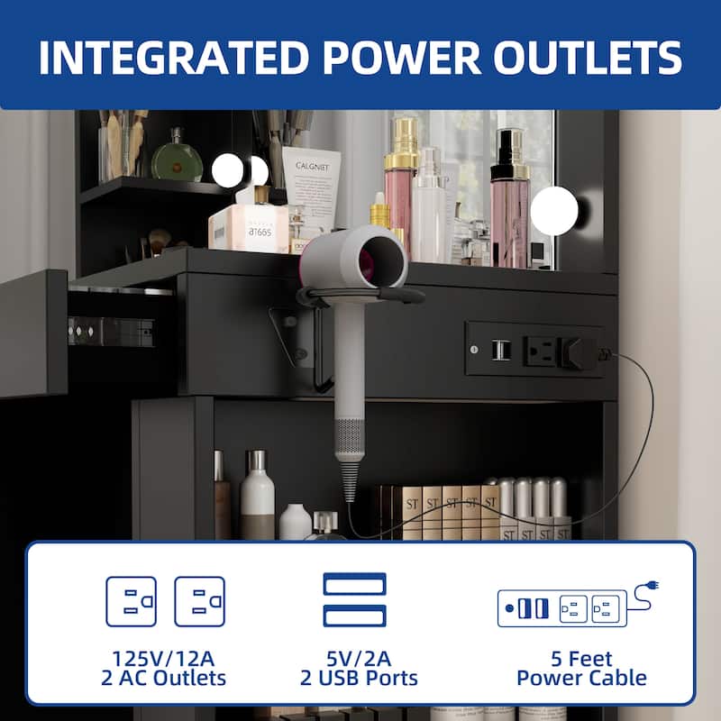 Moasis 40" Makeup Vanity with Mirror and Lighted ,Vanity Table with Power Outlet and 4 Drawers & Storage Shelves