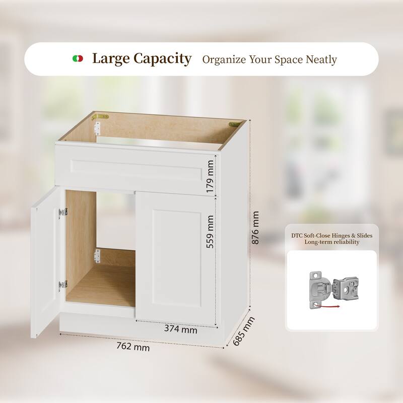 30" White Shaker Sink Base Cabinet, 24" Deep, Double Door, Ready-to-Assemble for Kitchen, Bathroom(Countertop Not Included)