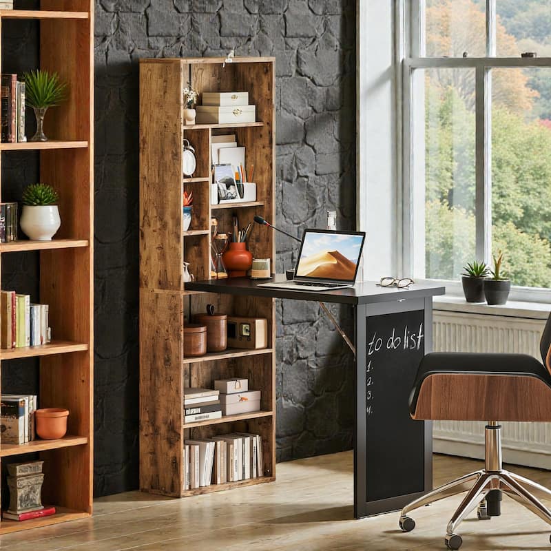 Fold Out Convertible Computer Desk with Storage Shelves, Space Saving Home Office Writing Desk with Blackboard - Rustic Brown
