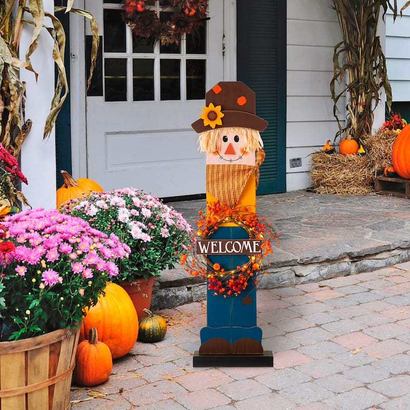 Glitzhome Fall Lighted Wooden Welcome Porch Decor w/Wreath