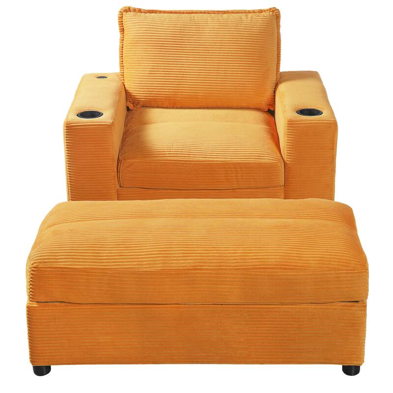 Roomfitters Oversized Chaise Lounge Chair with Storage Ottoman and Built-in USB Charging Port, Corduroy Sleeper Couch