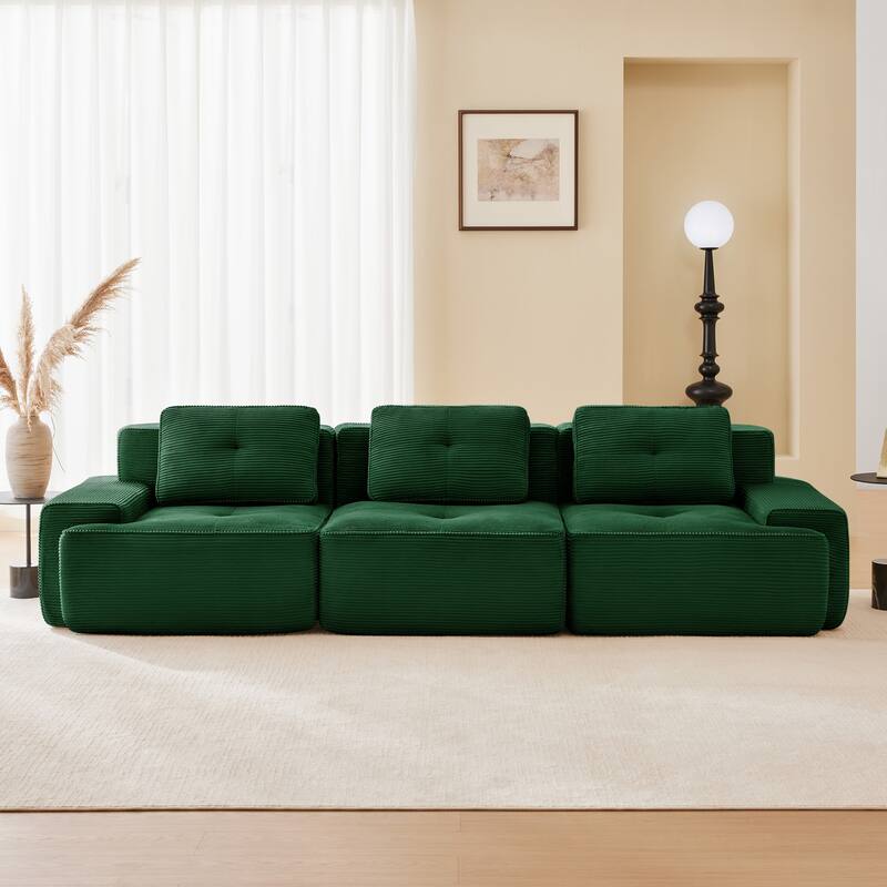 117" Floor Corduroy 3-Seater Sectional Sofa Couch with Tufted Design - Green
