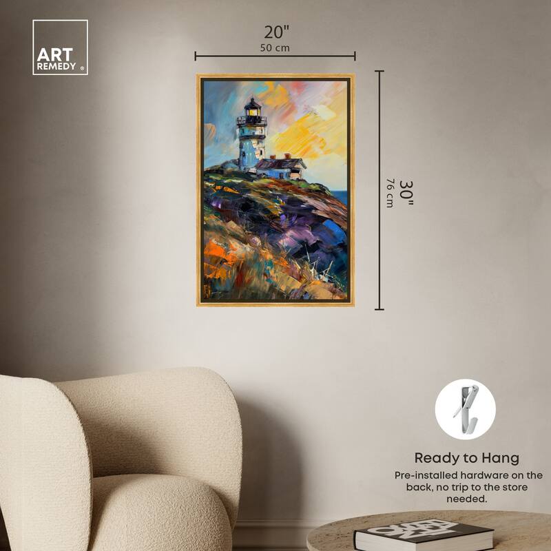 Art Remedy Colorful Lighthouse Framed Impressionism 1 Piece Canvas Wall Art /Monet And Van Gogh Inspired Art