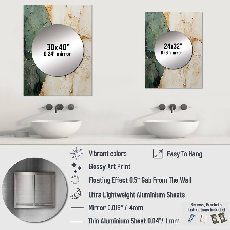 Designart "Green Gold Minimalism Poteries I" Abstract Spirals Green Modern Large Mirror Wall Art For Bathroom