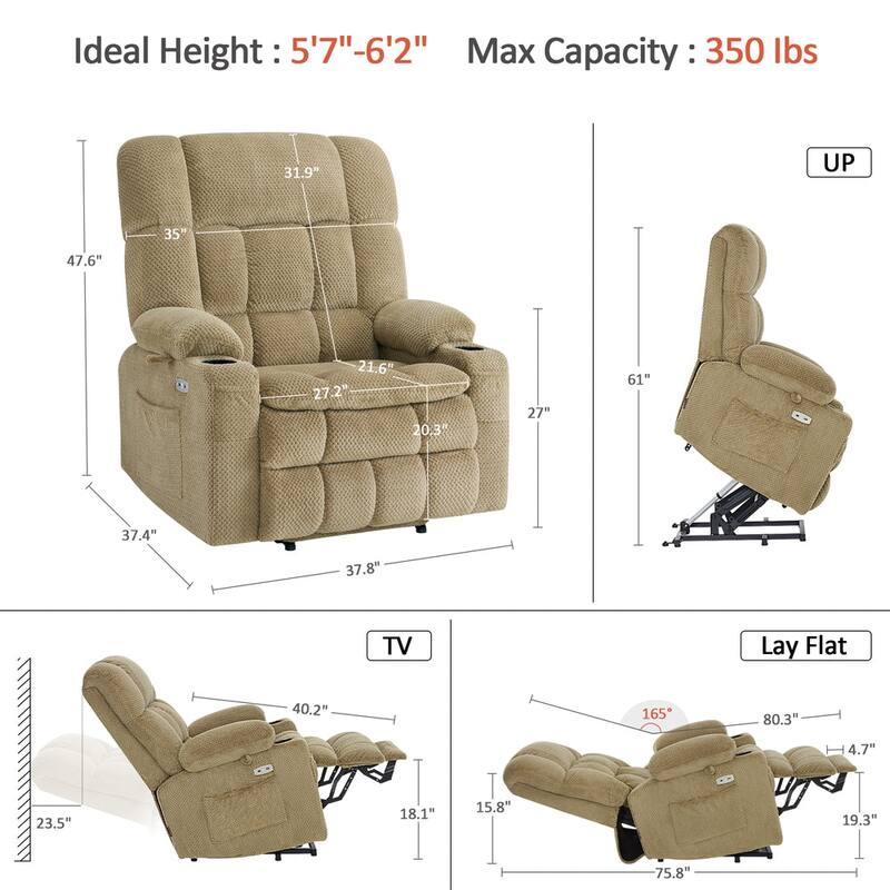 MCombo Dual Motor Power Lift Recliner Chair Sofa with Massage and Heat, Infinite Position, USB Ports, Fabric R7897